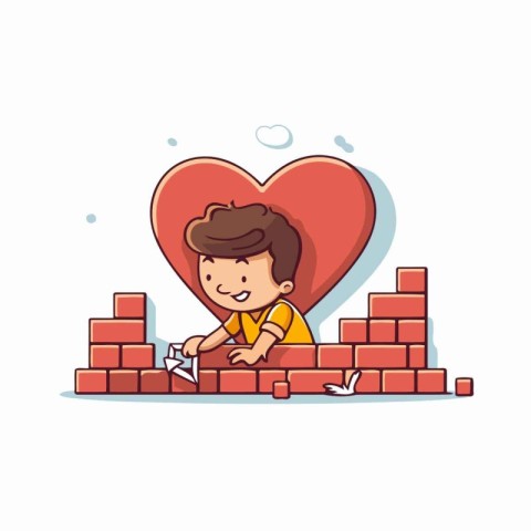 Boy building a heart with bricks. Cute cartoon vector illustrati