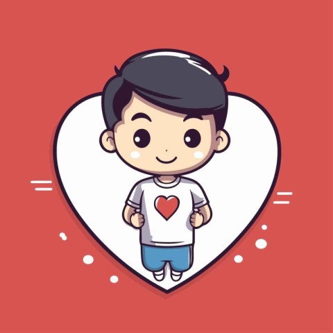 Cute boy with heart on red background. Vector cartoon illustrati