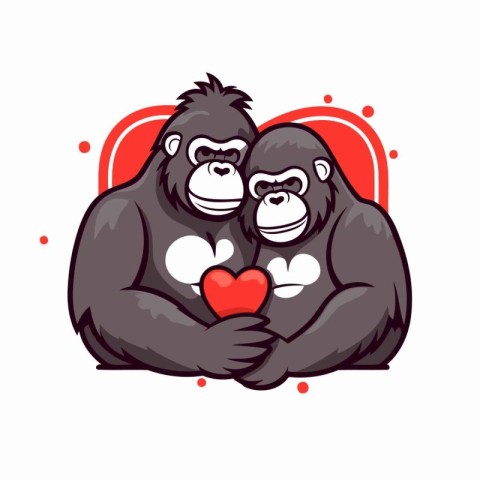 Chimpanzee couple holding red heart cartoon vector illustration