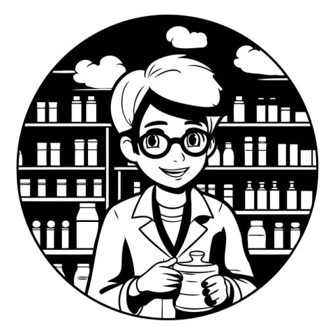 Pharmacist in a shop. Monochrome vector illustration.