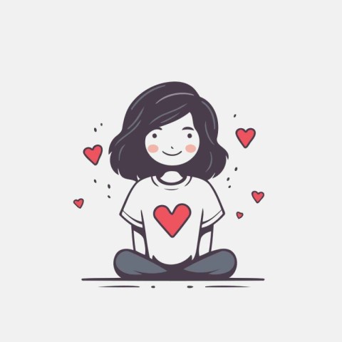 Vector illustration of a girl in yoga pose with hearts around he