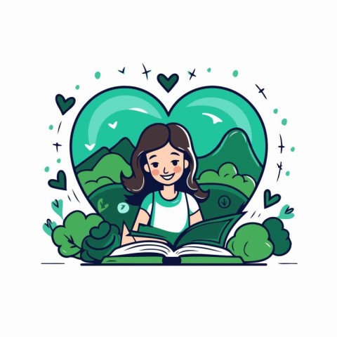 Vector illustration of a girl reading a book in the shape of a h