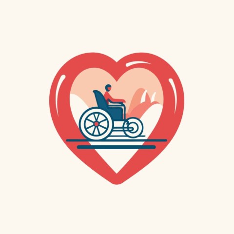 Handicapped man in wheelchair in heart. Flat style vector illust