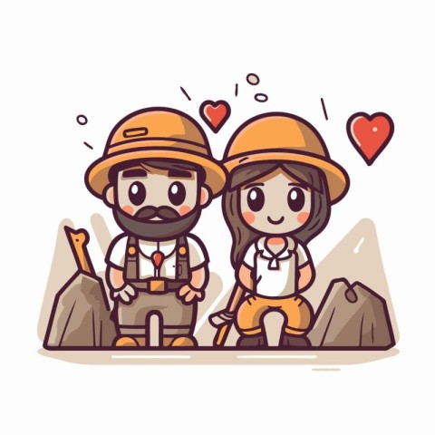 Couple of explorer sitting on the mountain. Vector cartoon illus