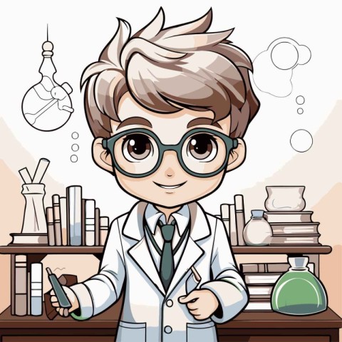 Cute boy in lab coat and glasses. Vector illustration of a boy i