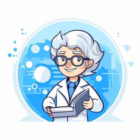 Scientist in lab coat and glasses holding book. Vector illustrat