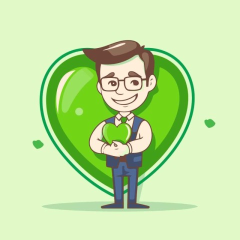 Man holding apple in green heart shape. Vector flat cartoon char