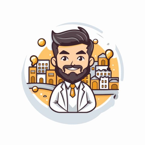 Vector illustration of hipster man in white coat with beard and