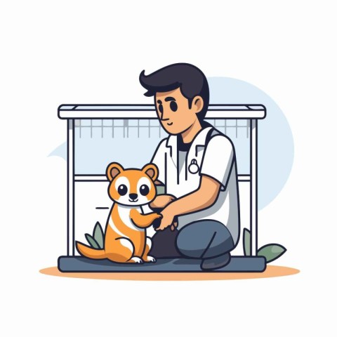 Veterinarian with a dog in a cage. Vector illustration.