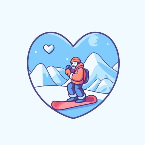 Vector illustration of snowboarder in heart-shaped frame on blue