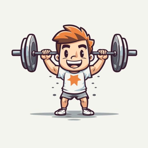 Cartoon boy lifting a barbell. Vector illustration on white back