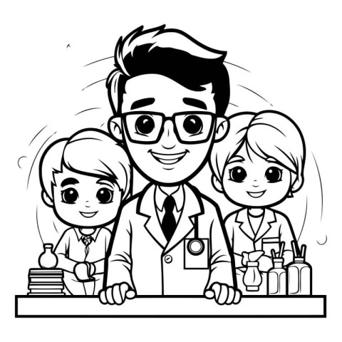 Doctor and Nurse with Kids - Black and White Cartoon Illustratio