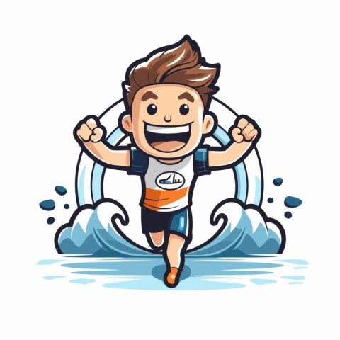 Cartoon man running in the waves. Vector illustration. Isolated