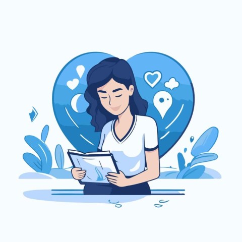 Woman reading book in heart shape vector illustration. Cartoon c