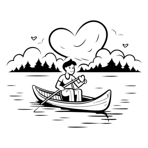 Vector illustration of a man in a canoe on the lake with a heart