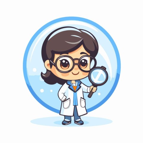 Cute girl scientist holding a magnifying glass. Vector illustrat