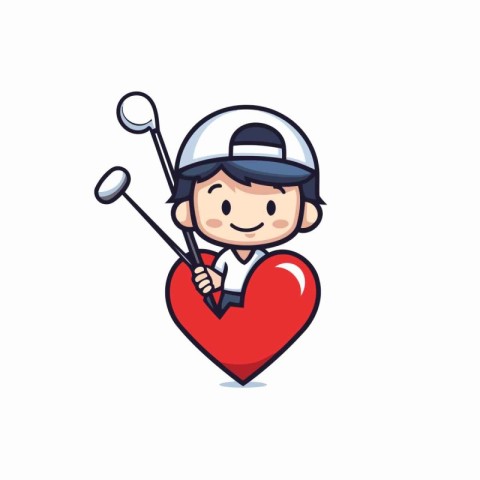 Golf player boy holding a golf club and heart on white backgroun