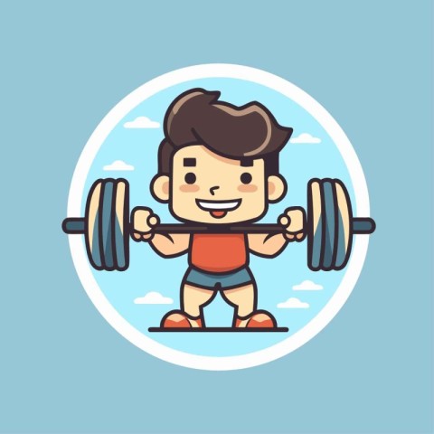 Boy lifting barbell cartoon character vector illustration. Flat