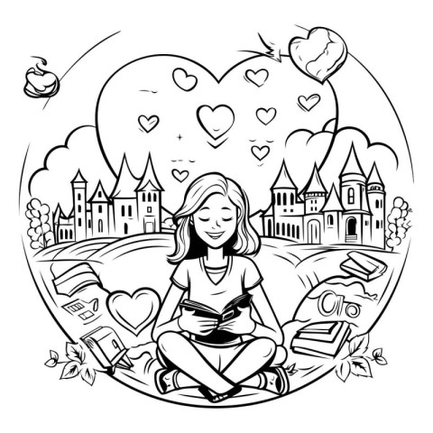 Black and white illustration of a girl reading a book in a heart