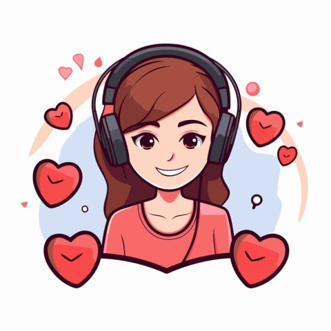 Cute girl with headphones and hearts around her. Vector illustra