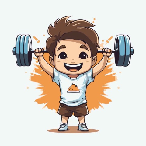 Cartoon boy lifting a barbell. Vector illustration. Isolated.