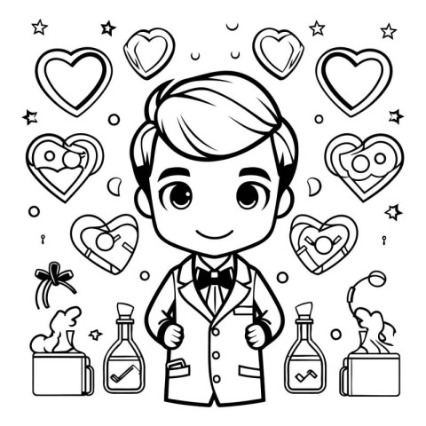 Black and White Cartoon Illustration of Boy Celebrating Valentin