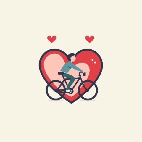 Bicyclist in love with heart. Vector flat illustration.