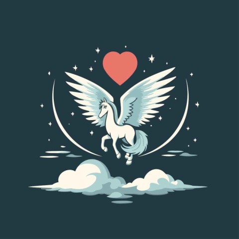 Flying white pegasus with wings and heart. Vector illustration.