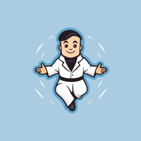 Taekwondo cartoon character. Vector illustration on blue backgro