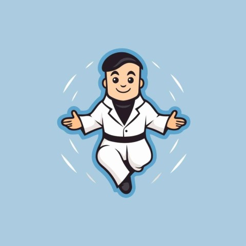 Taekwondo cartoon character. Vector illustration on blue backgro