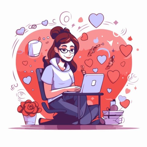 Online dating concept. Girl with laptop. Vector illustration in