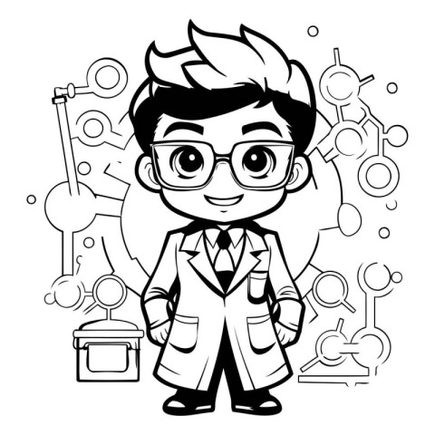 School boy with science icons. Black and white vector illustrati