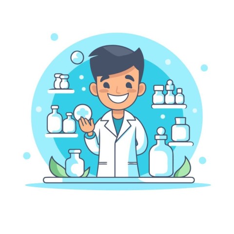 Cartoon vector illustration of a pharmacist holding a bottle of