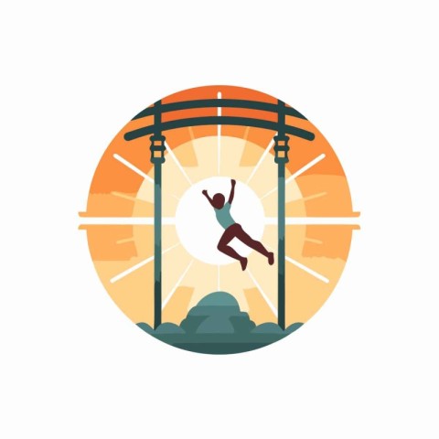 Man doing pull ups on trampoline. Flat vector illustration.