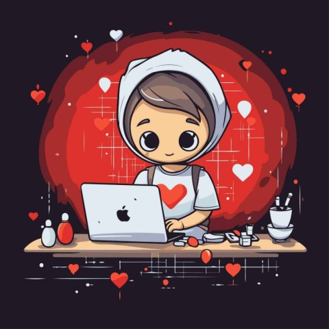 Cute little boy with laptop. Vector illustration in cartoon styl