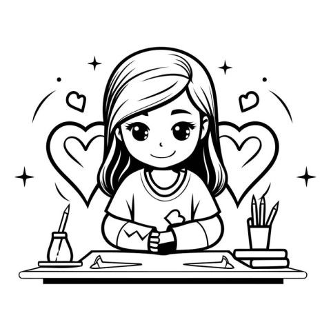 cute little girl with coffee and valentines day icons vector ill