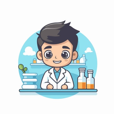 Cute little boy in lab coat. Vector flat cartoon illustration.