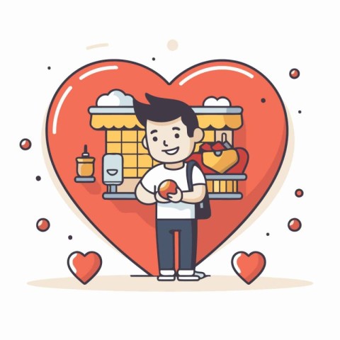 Man with heart and food. Valentine's day concept. Vector illustr