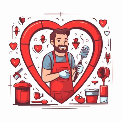 Vector illustration of a man in a red apron with a brush in the