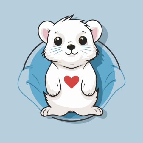 Cute white hamster with heart on blue background. Vector illustr