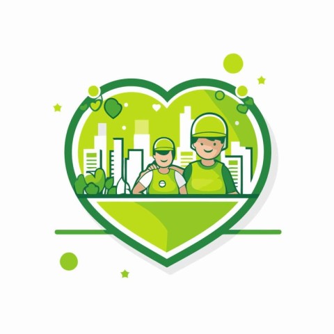 Vector illustration of green city in heart shape with people and