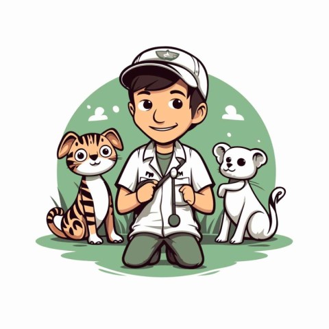 Veterinarian with dog and cat. Vector illustration on white back