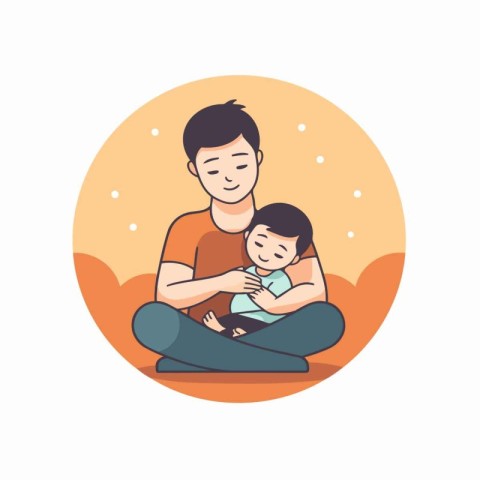 Father and son sitting on the ground. Flat style vector illustra