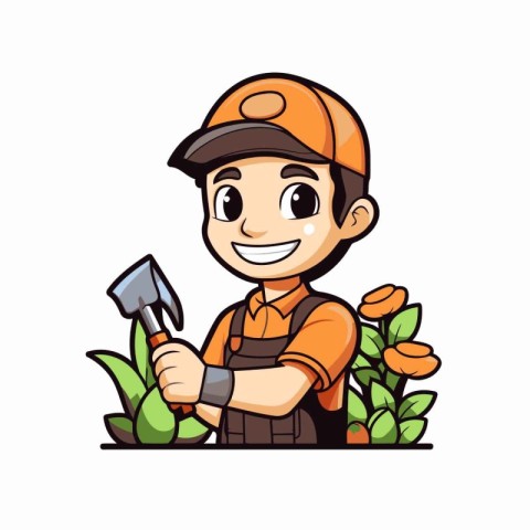 Cartoon worker in uniform with shovel. Vector illustration isola