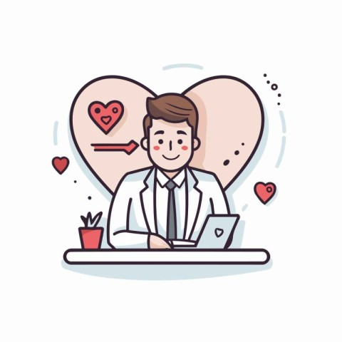 Vector illustration of man with laptop and heart on white backgr