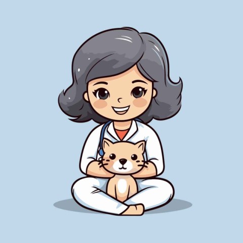 Veterinarian girl with cat. Vector illustration of a cartoon cha