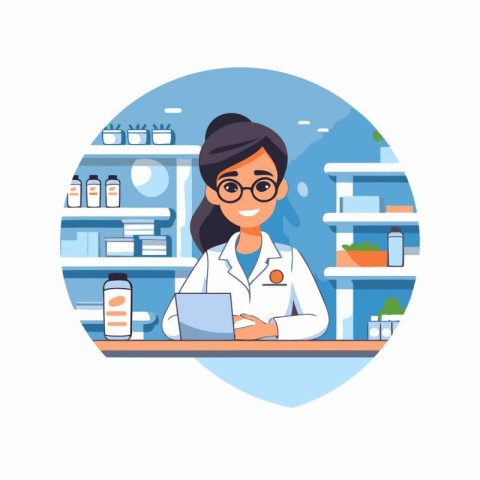 Female pharmacist at the counter in the pharmacy. Vector flat il