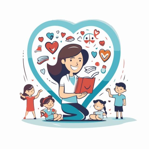 Mother reading a book to her children. Vector illustration in ca