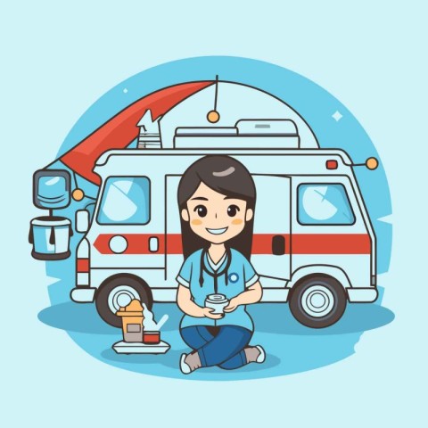 Cute cartoon vector illustration of a female paramedic with a cu