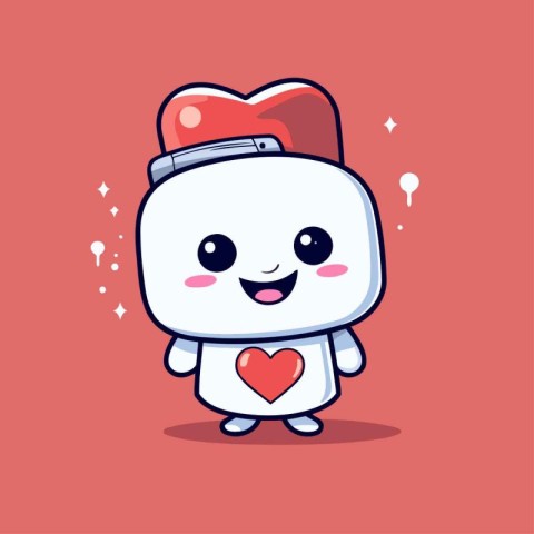 Cute cartoon robot holding heart. Vector flat design character i